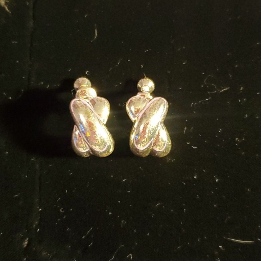 Vintage 1980's Napier Silvertone Half Hoop X‎ Design Clip-On Earrings